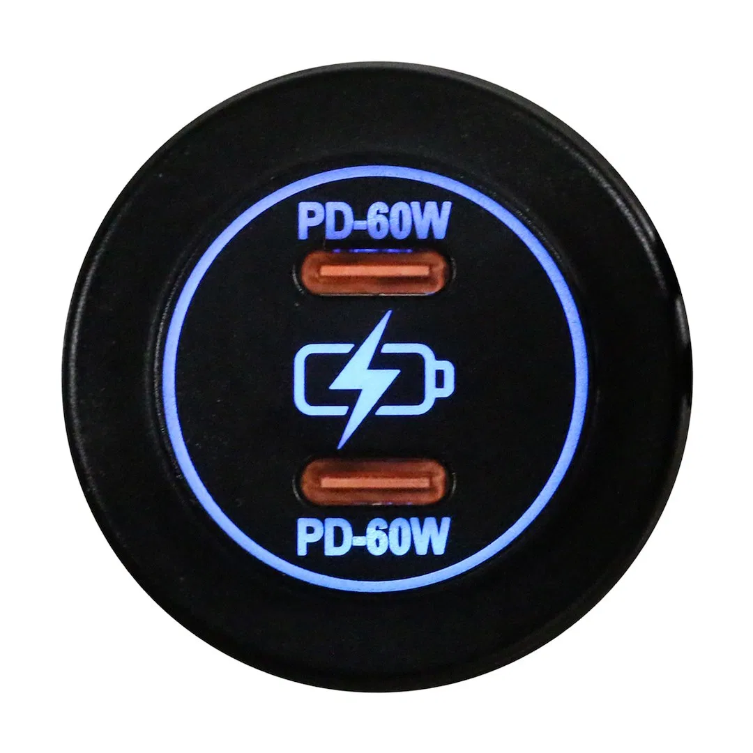 RS51921B – RACESPORT LT USB Outlet, Vehicle Use Wired Dual USB-C 60 Watt With Blue Indigo LED And Cover IP66 Waterpro...